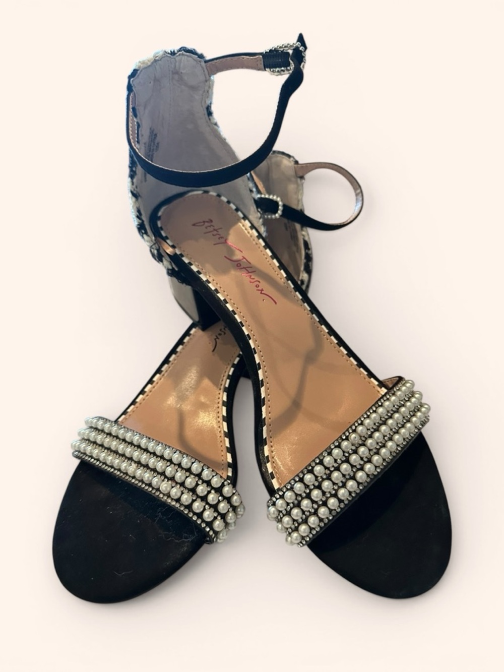 Betsey Johnson Annela Tweed Black Pearl-Embellished Ankle Strap Sandals